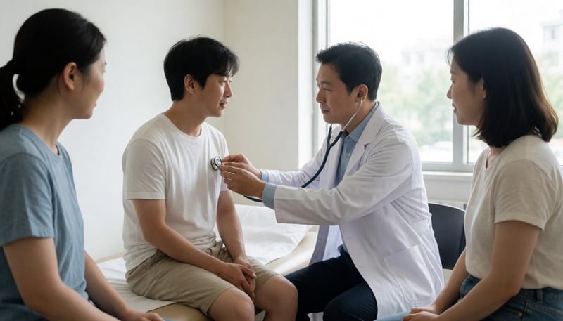 병원 진료실에서 의사가 환자를 진찰하는 모습
