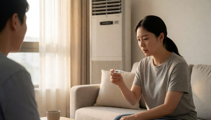 여름철 실내에서 체온계를 들고 컨디션이 좋지 않아 보이는 여성의 모습