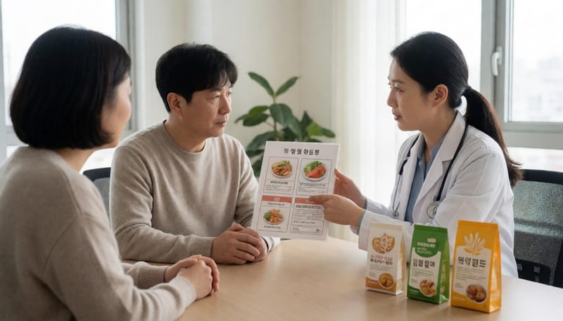 영양사가 글루텐프리 식품 성분표를 설명하는 모습