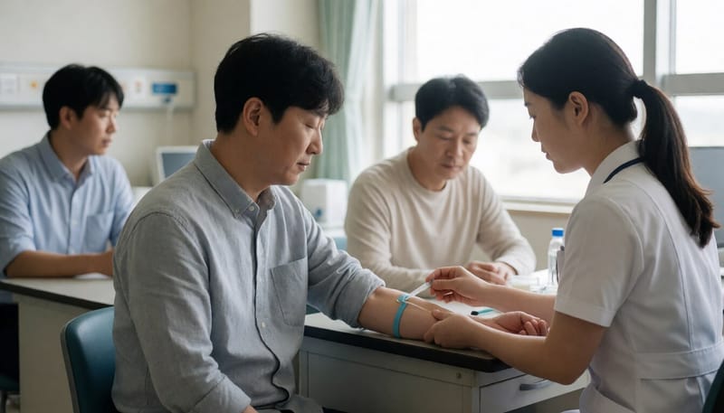 밀 알레르기와 셀리악병 검사를 위해 채혈하는 모습