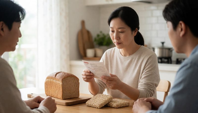 글루텐프리 식품과 일반 밀가루 빵을 비교하며 살펴보는 여성