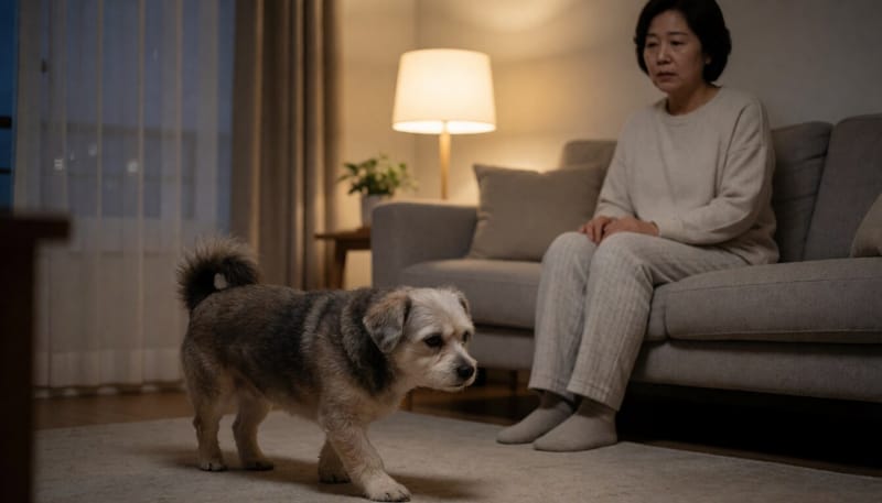밤에 거실을 서성이는 노령견을 걱정스럽게 지켜보는 보호자