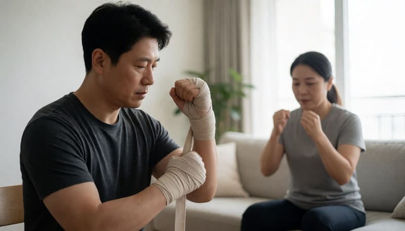 손목 랩을 착용하고 주먹을 내지르는 모습