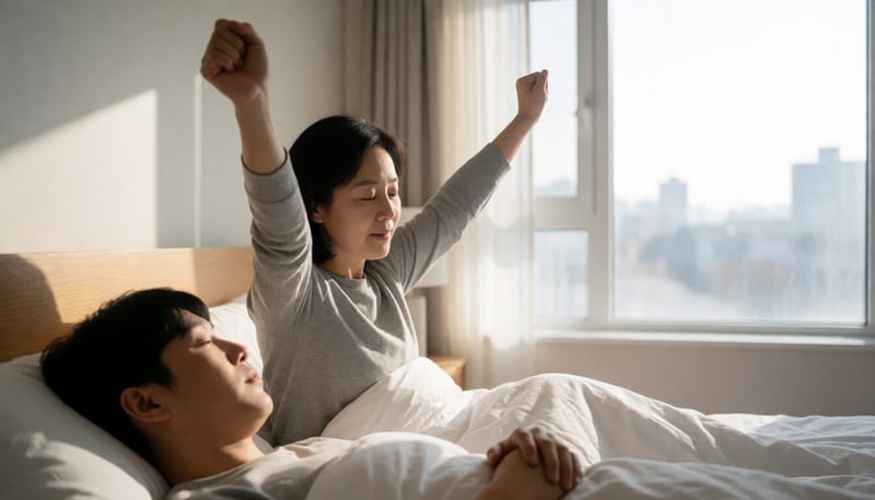 아침에 침대에서 기지개를 켜며 일어나는 여성