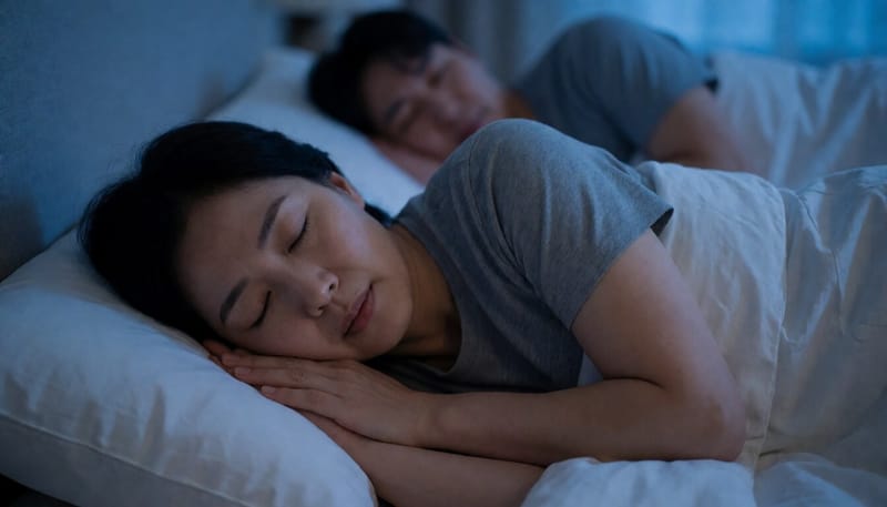 어두운 침실에서 옆으로 누워 편안하게 잠든 모습