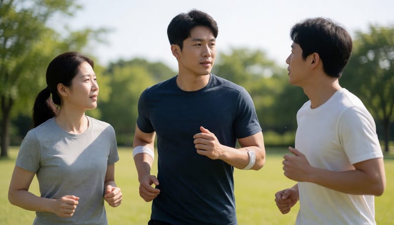 운동 중 팔에 웨어러블 센서를 부착한 남성