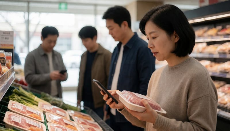 마트에서 스마트폰으로 축산물 회수 정보를 확인하는 소비자
