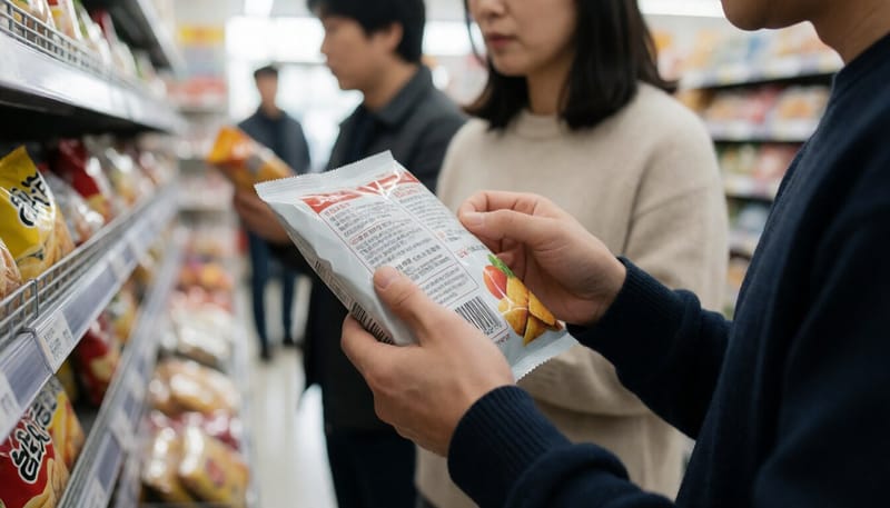 과자 포장지 뒷면 표시사항을 확인하는 손
