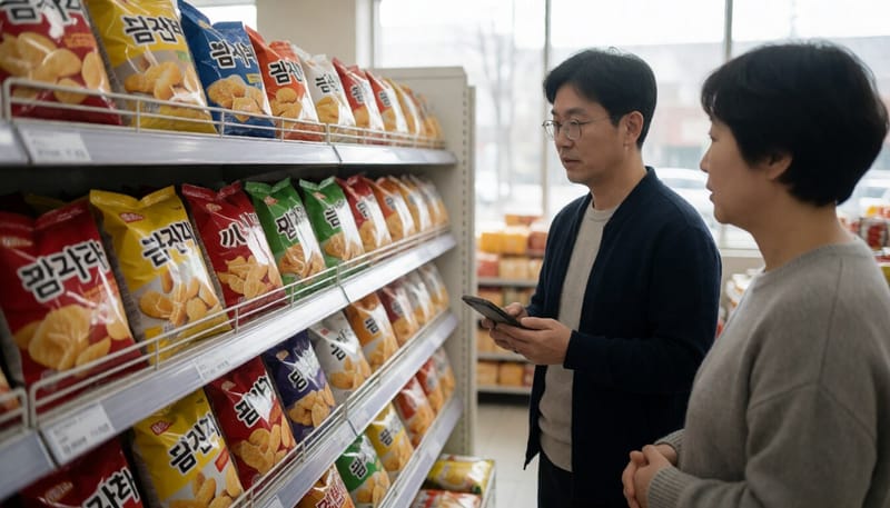마트 진열대에 놓인 과자 제품들