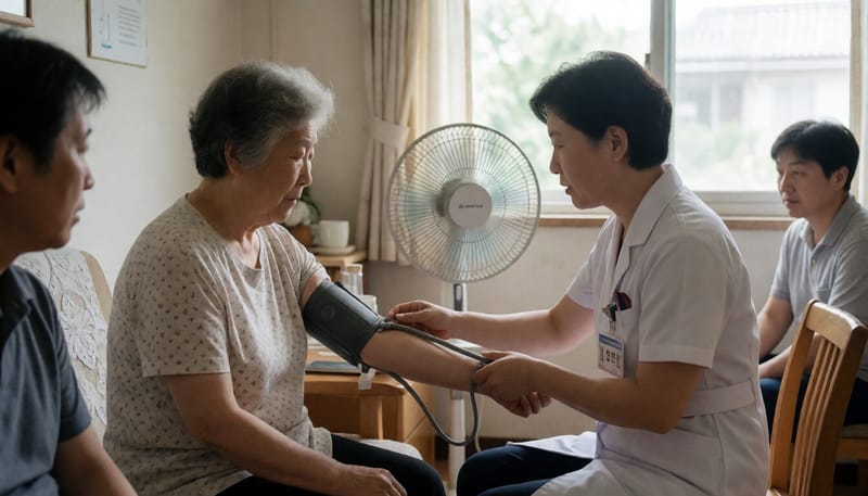 폭염철 독거 어르신 가정을 방문해 건강 상태를 점검하는 보건소 관계자