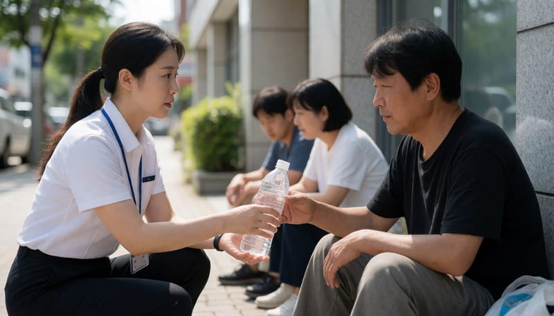 폭염 속 노숙인에게 생수를 건네며 안부를 확인하는 관계자