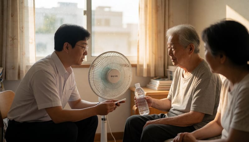 폭염 속 독거노인 가정을 찾아 건강 상태를 살피는 보건 관계자의 모습