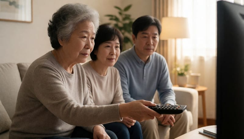 텔레비전 볼륨을 크게 높이는 노년 여성의 모습