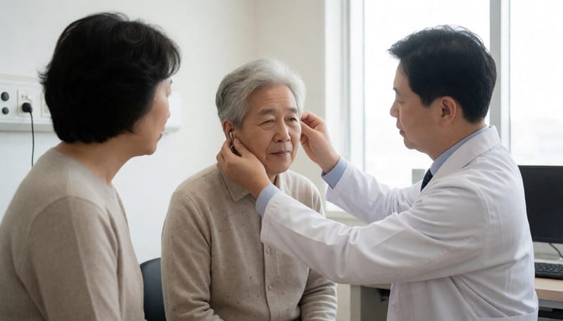 이비인후과에서 보청기를 착용해보는 노년 환자