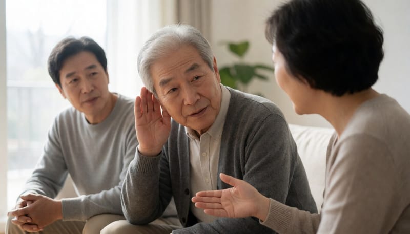 거실에서 손을 귀에 대고 대화를 들으려 애쓰는 노년 남성