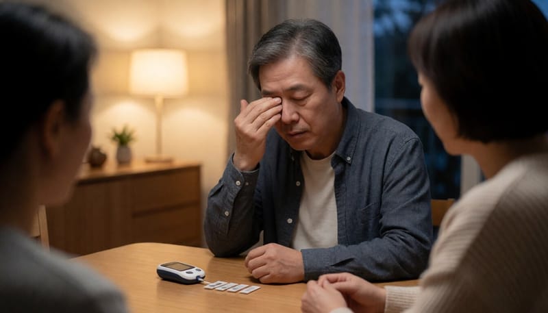 혈당계를 옆에 두고 눈을 비비는 중년 남성