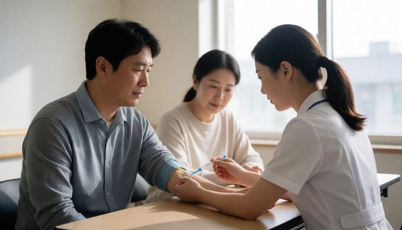 병원에서 혈액검사를 위해 채혈받는 남성의 모습