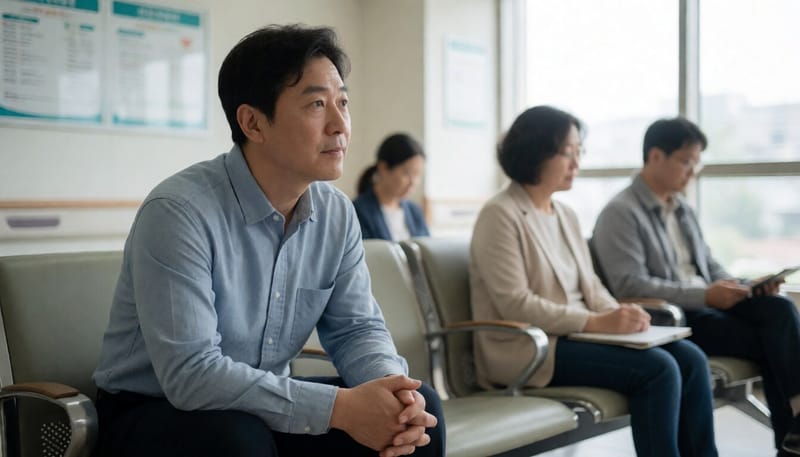 병원 대기실에 앉아 있는 중년 남성의 모습