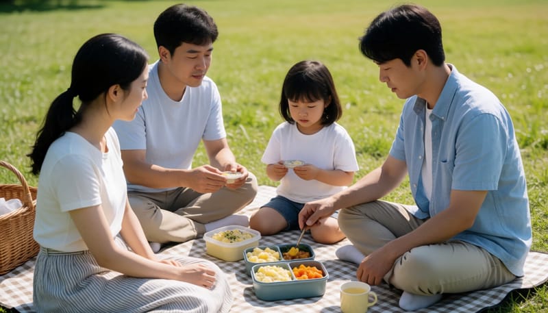 여름철 나들이에서 마요네즈 반찬이 담긴 도시락을 펼쳐놓은 모습