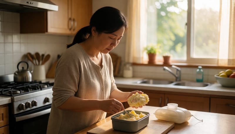 여름철 도시락에 마요네즈 반찬을 담고 보냉팩을 챙기는 모습