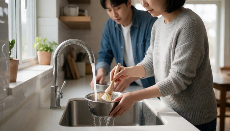 스테인리스 식기를 세척하는 보호자