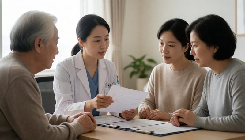 병원에서 지원제도를 상담받는 환자와 보호자