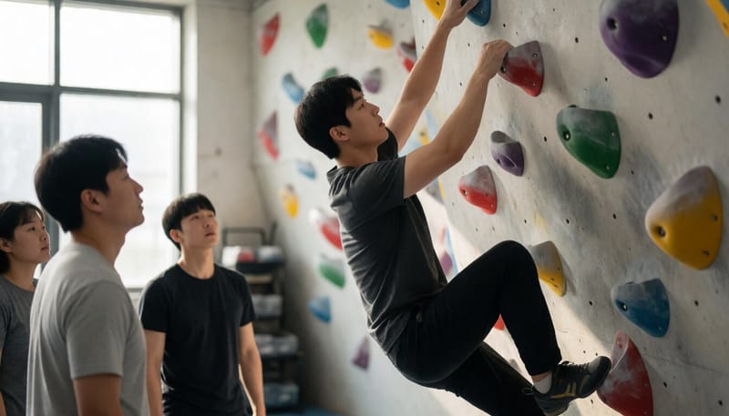 실내 클라이밍장에서 홀드를 잡고 등반하는 모습