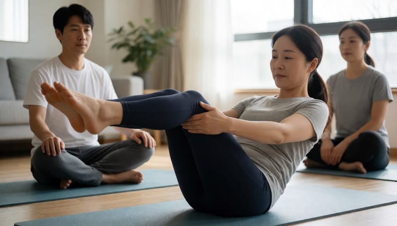 매트 위에서 코어 근육을 활용한 필라테스 동작을 하는 여성