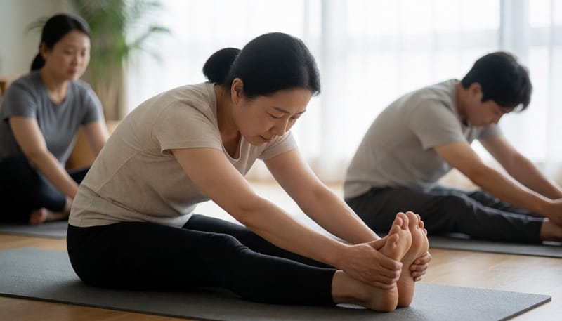 요가 매트 위에서 스트레칭 자세를 취하는 여성