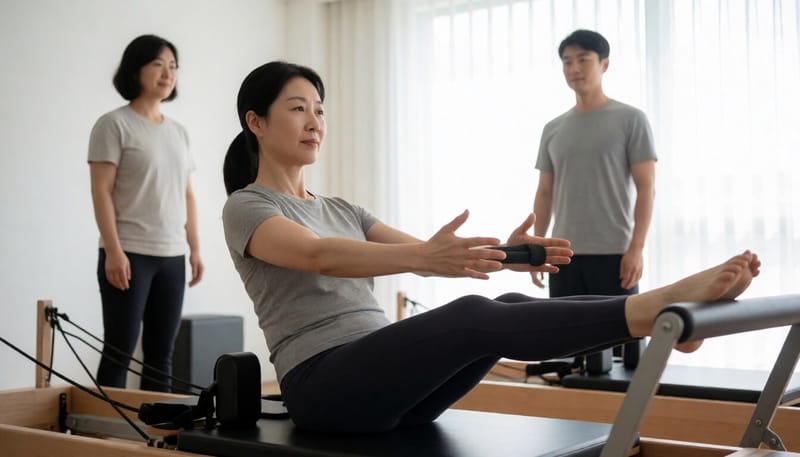 필라테스 리포머 기구로 코어 운동을 하는 여성의 모습