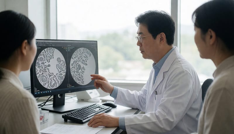 연구원이 실험실에서 장내 미생물 배양 이미지를 모니터로 살펴보는 모습