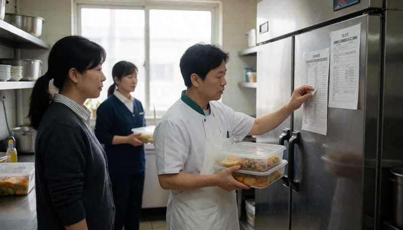 급식실 냉장고 온도와 식재료 보관 상태를 확인하는 모습