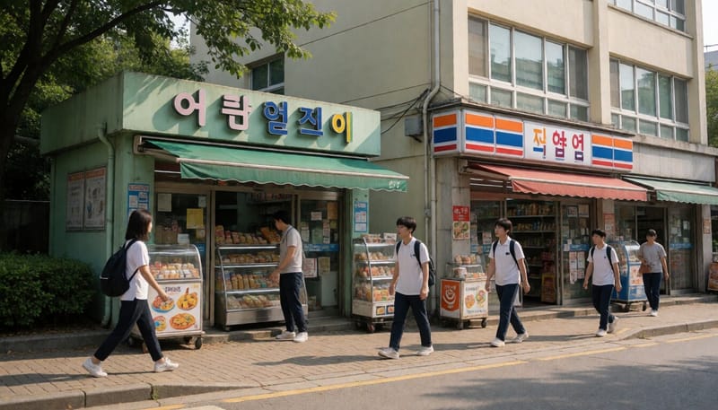 학교 앞 거리의 식품 판매점과 학생들의 모습
