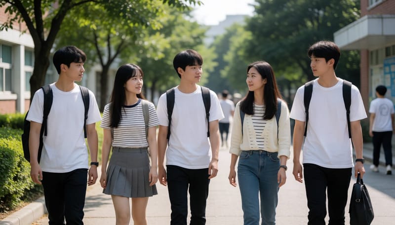 방학 중 학교 캠퍼스를 걷는 청소년들의 모습