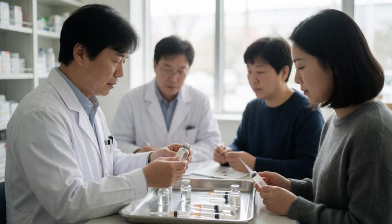 약사가 조제실에서 주사제 유리병을 살펴보는 모습
