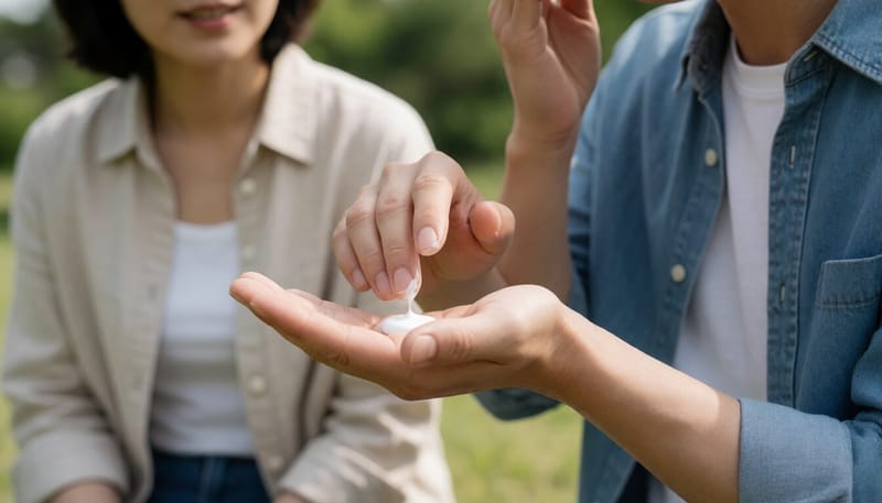 손바닥에 자외선차단제를 짜고 있는 모습