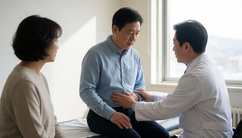 복부에 손을 대고 통증을 확인하는 중년 남성과 진찰하는 의사