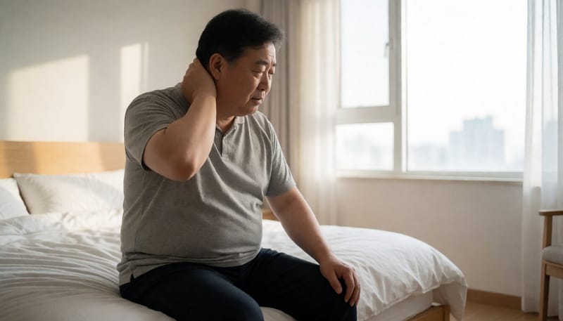 아침에 피로감을 느끼며 목을 만지는 남성의 모습