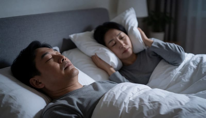 밤에 코를 골며 자는 남성과 잠을 설치는 아내의 모습