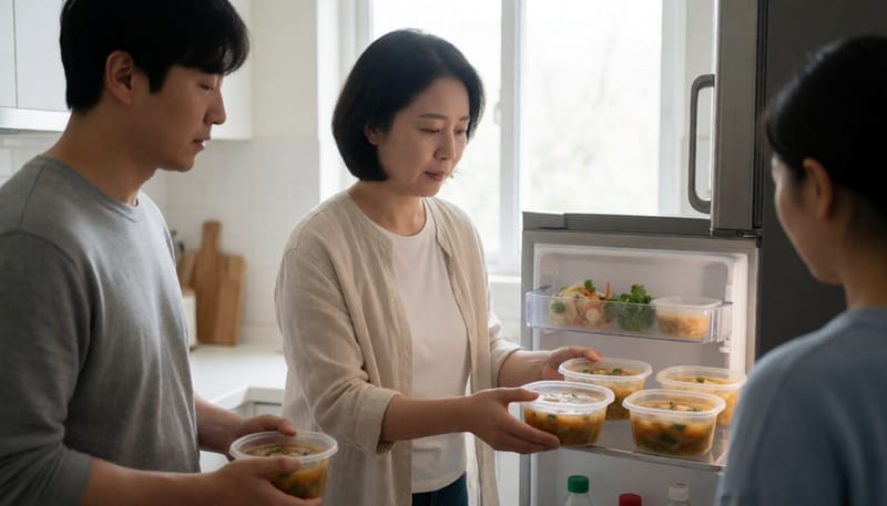 소분한 국물 용기를 냉장고에 넣는 모습