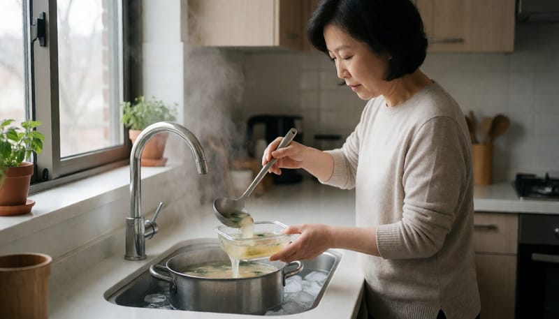 가정 주방에서 뜨거운 국물을 얕은 용기에 나눠 담아 식히는 모습