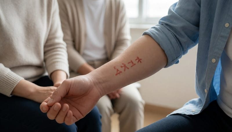 고양이에게 긁혀 붓기가 생긴 팔 상처 클로즈업