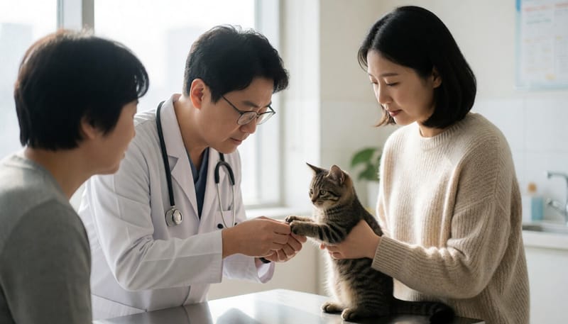 동물병원에서 새끼 고양이의 발톱을 다듬는 모습
