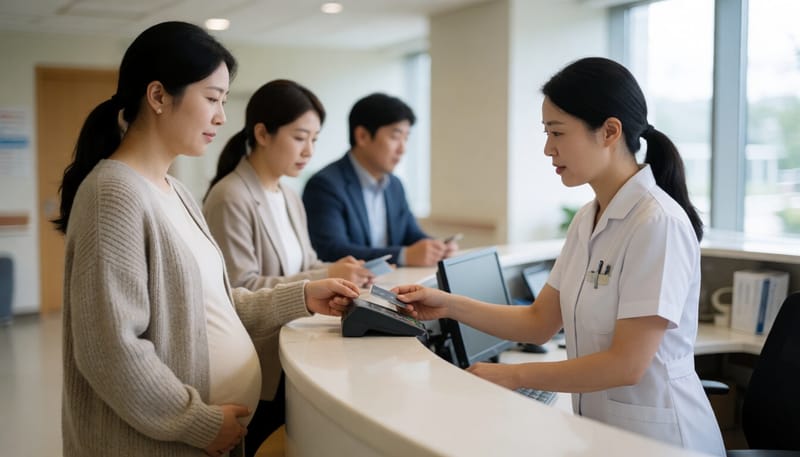 병원 수납창구에서 카드로 결제하는 임산부