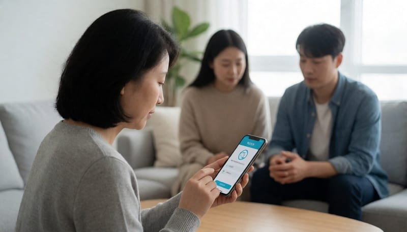 스마트폰으로 국민행복카드를 신청하는 여성