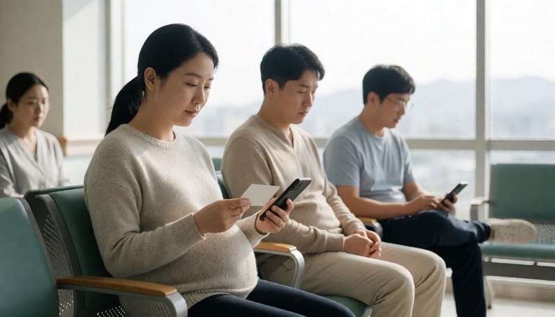 병원 대기실에서 카드를 살펴보는 임산부의 모습