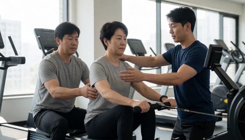 트레이너가 로잉머신 자세를 교정해주는 모습