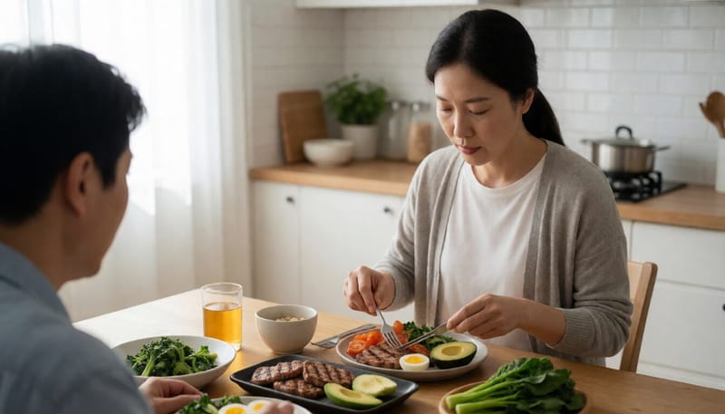 저탄고지 식단으로 차려진 고기와 채소 위주 식탁