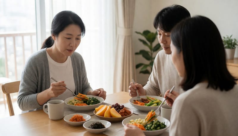 채소와 발효식품이 곁들여진 균형 잡힌 식사를 하는 여성