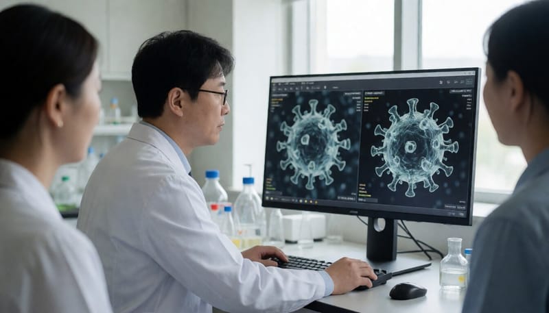 연구자가 실험실 모니터로 장내 미생물 이미지를 살펴보는 모습
